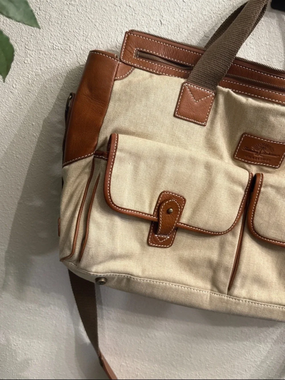 Tommy Bahama Challenge Canvas Leather Messenger Bag Travel Satchel Brown Beige